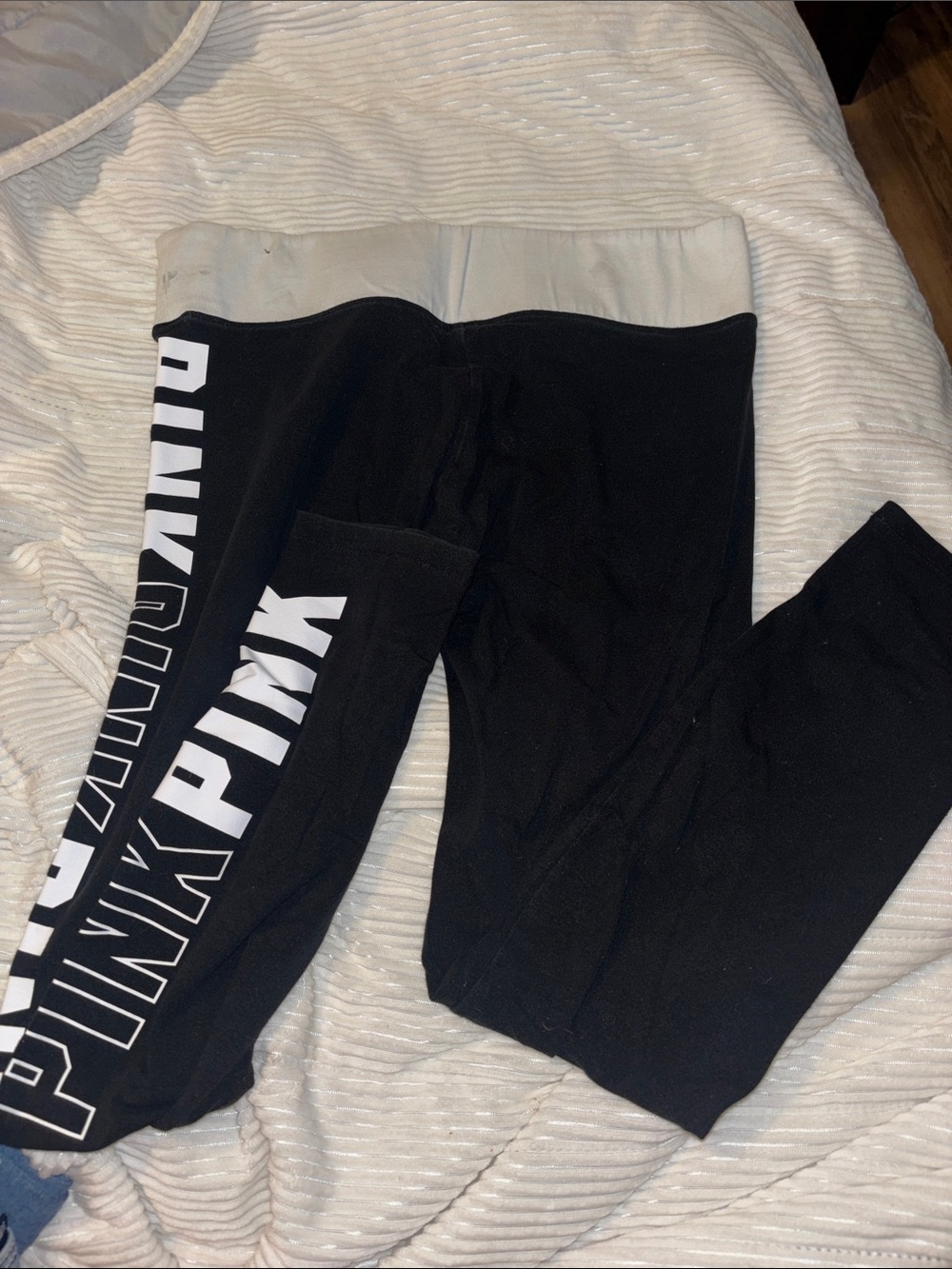 PINK Victoria's Secret Black Leggings with Gray Waistband and White Side Logo